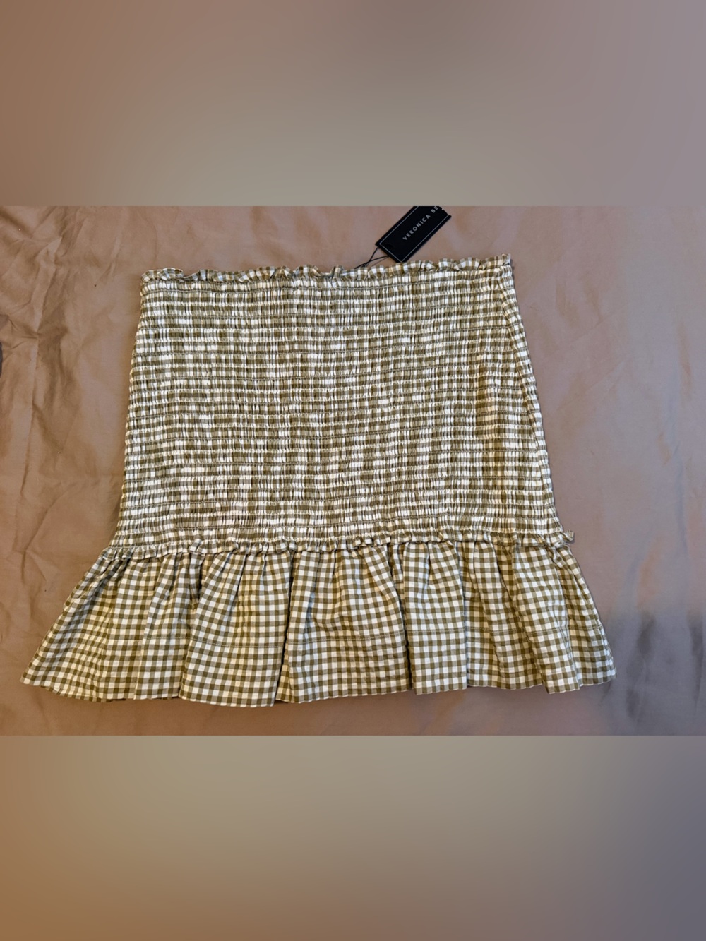 Veronica Beard Olive Green Gingham Smocked Mini Skurt